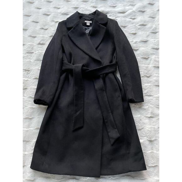 🔥H&M Wool Blend Black Overcoat Belted Stylish Old Money Minimalist Women Sz 10 - Picture 7 of 16